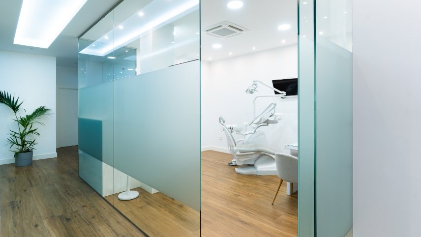 Hallway looking into dental exam room